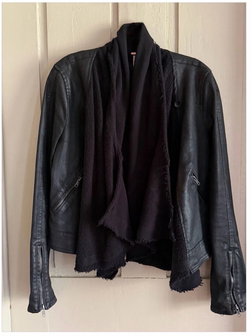 Free People Black faux Leather Jacket with Draped Open Front
